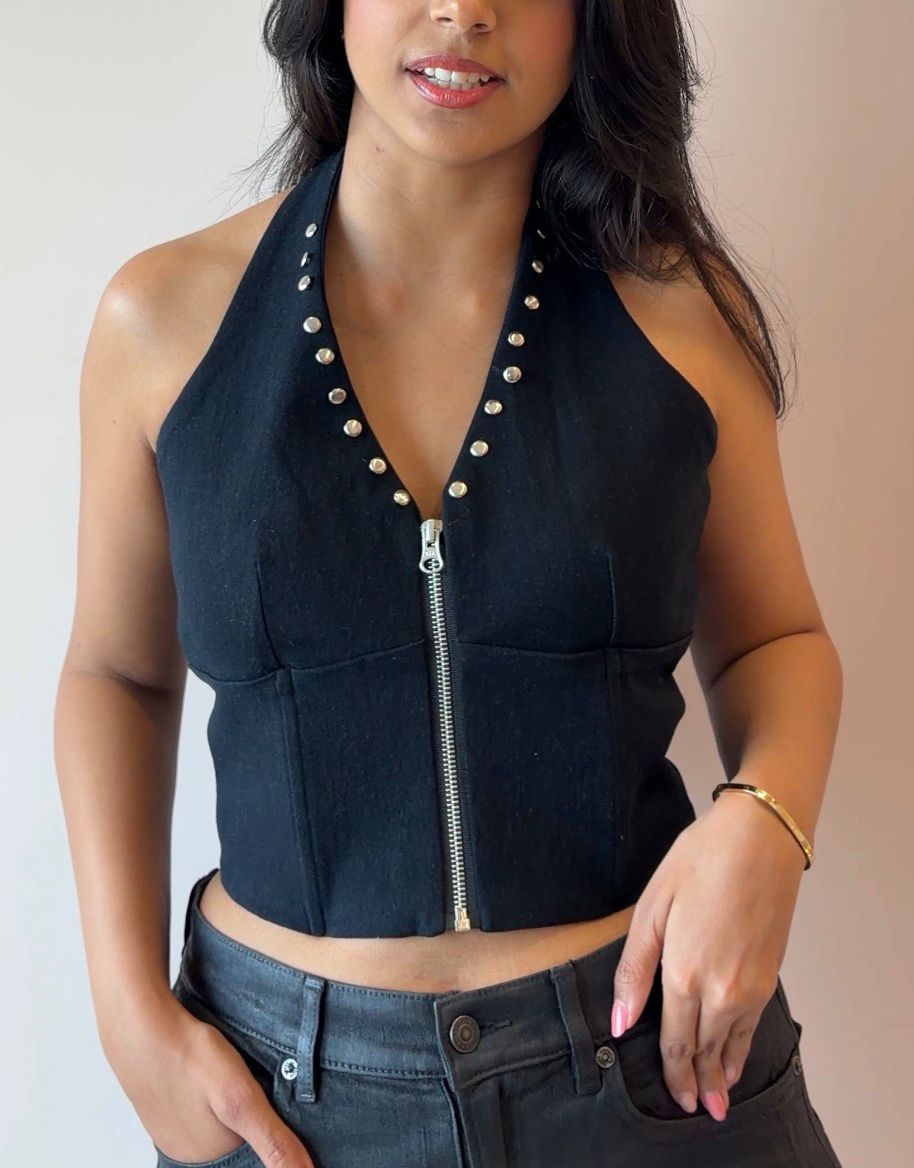 POLKA PLUNGE HALTER TOP IN BLACK