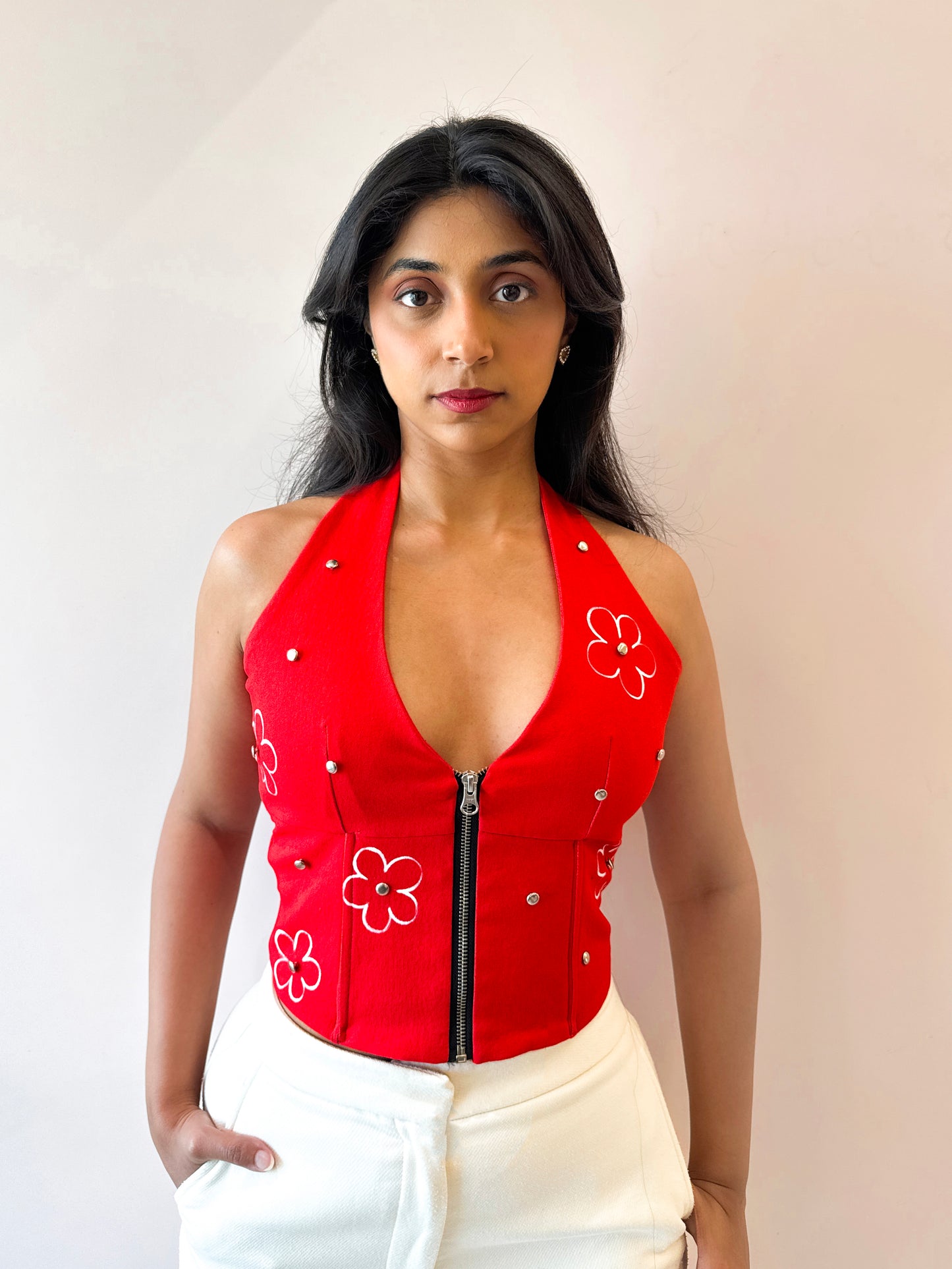 POLKA PLUNGE HALTER TOP IN RED