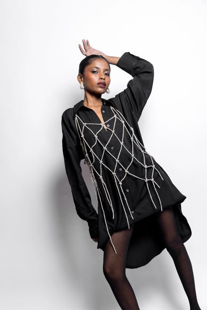 MACRAME LAYER WITH BLACK SHIRT DRESS
