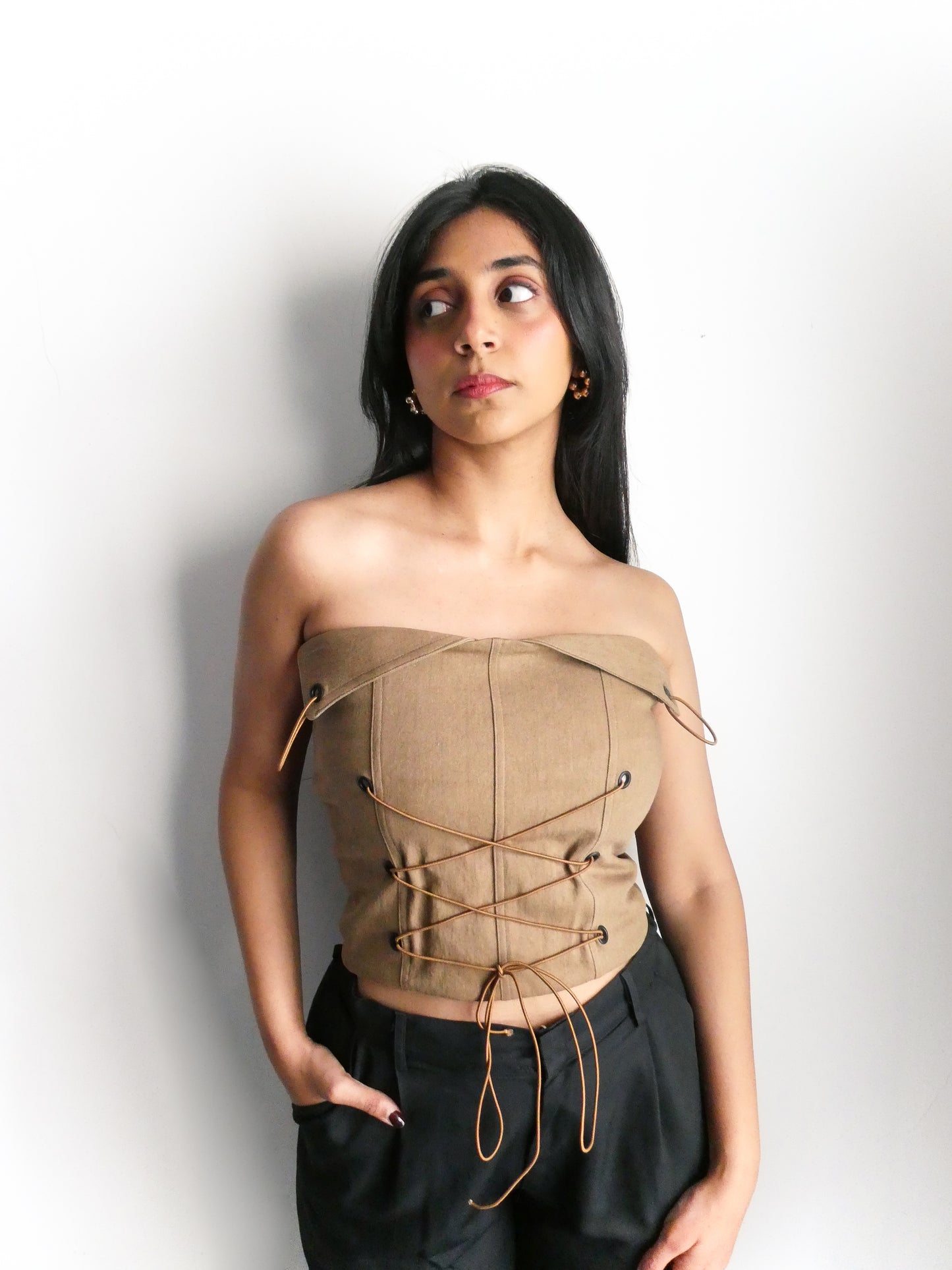 LACE UP TOP - BROWN