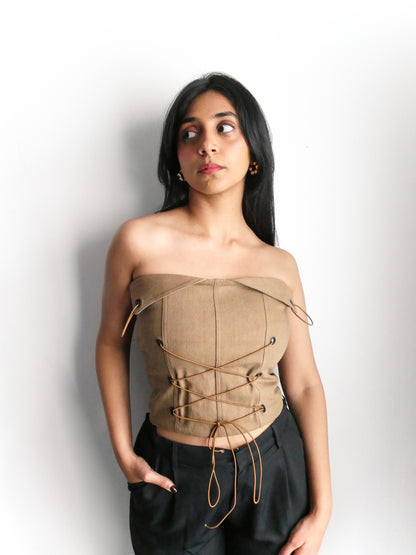 LACE UP TOP - BROWN