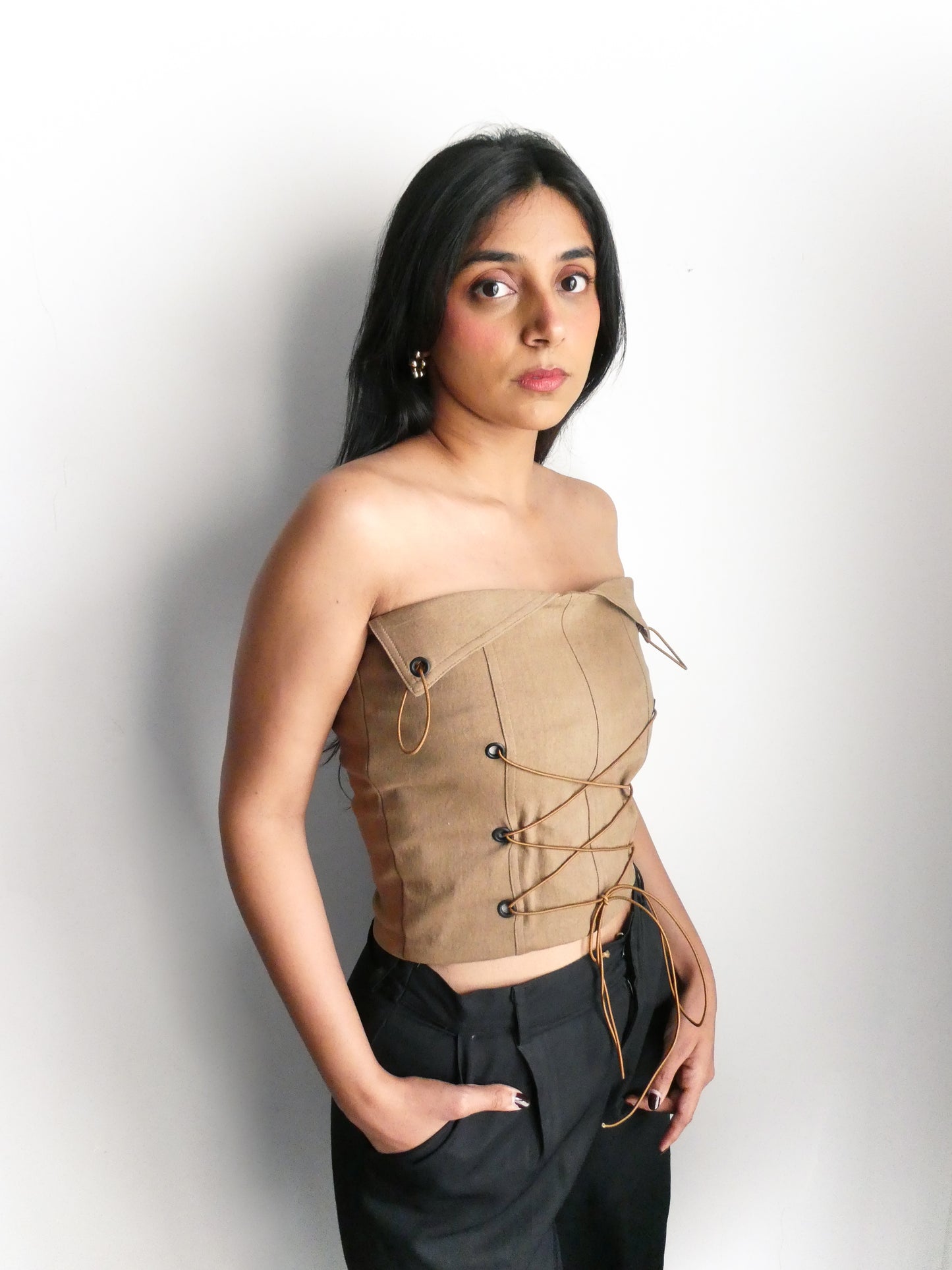 LACE UP TOP - BROWN