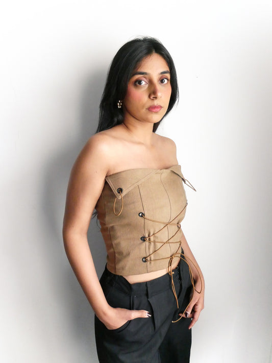 LACE UP TOP - BROWN