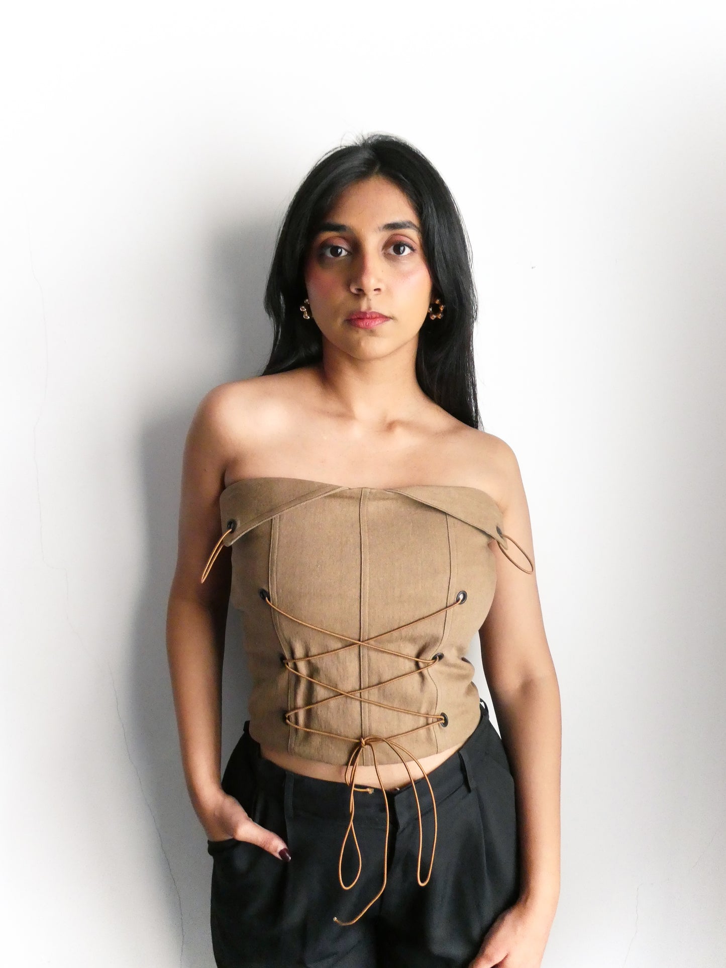 LACE UP TOP - BROWN