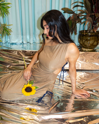 ONE SHOULDER BEIGE MIDI DRESS