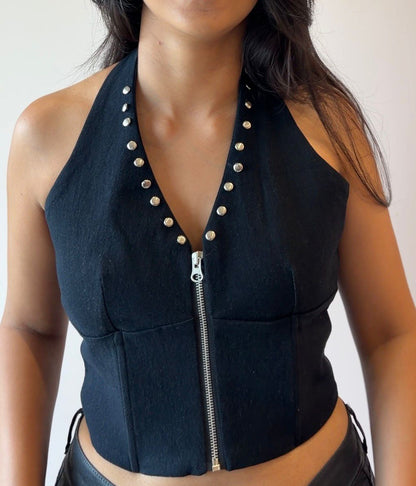 POLKA PLUNGE HALTER TOP IN BLACK