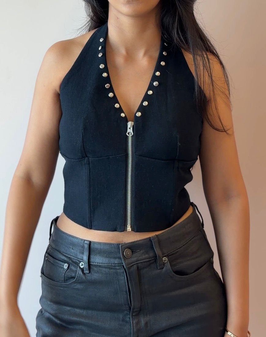 POLKA PLUNGE HALTER TOP IN BLACK