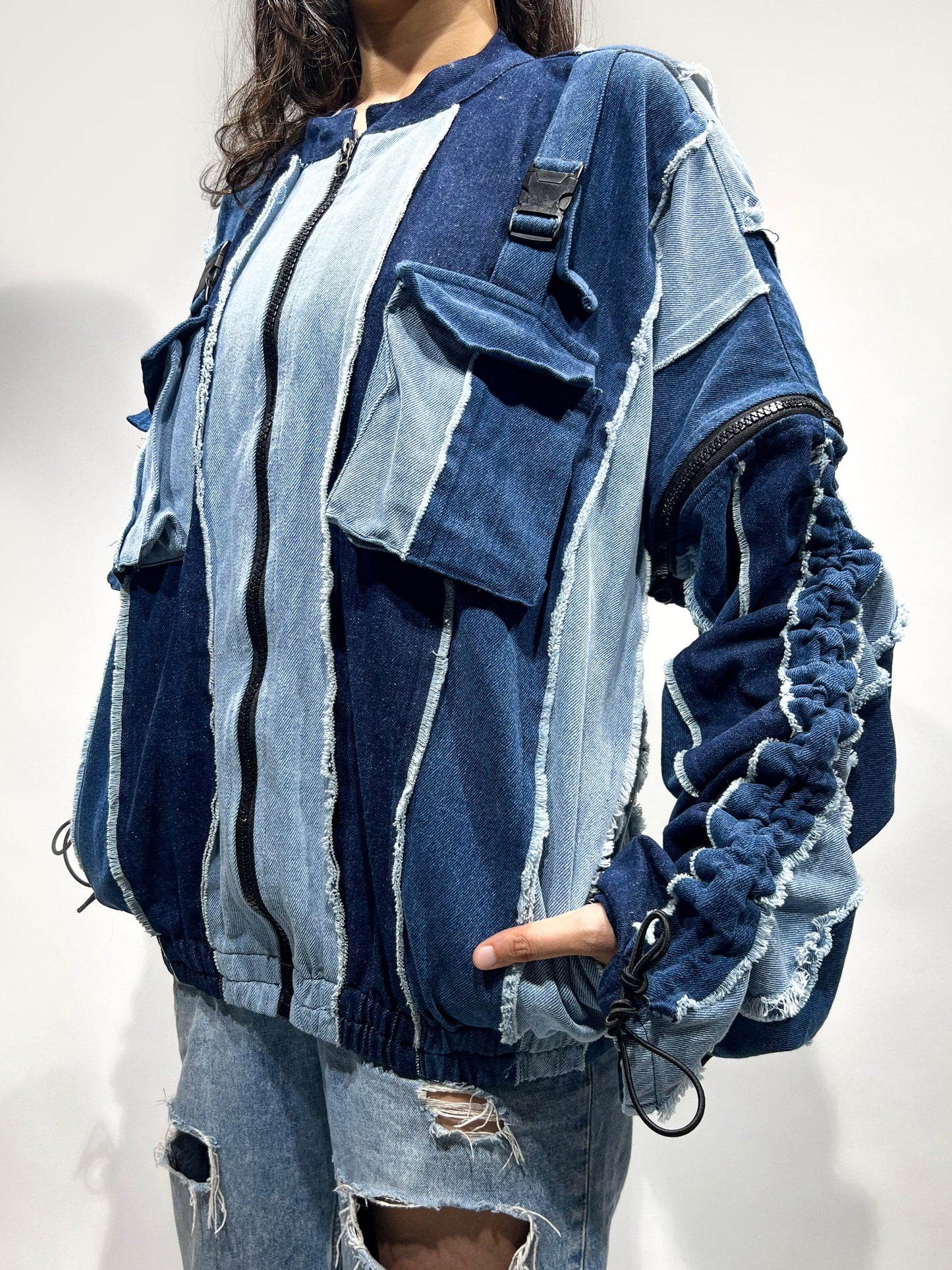 CONVERTIBLE STRIP DENIM JACKET