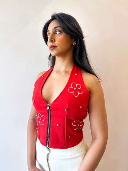 POLKA PLUNGE HALTER TOP IN RED