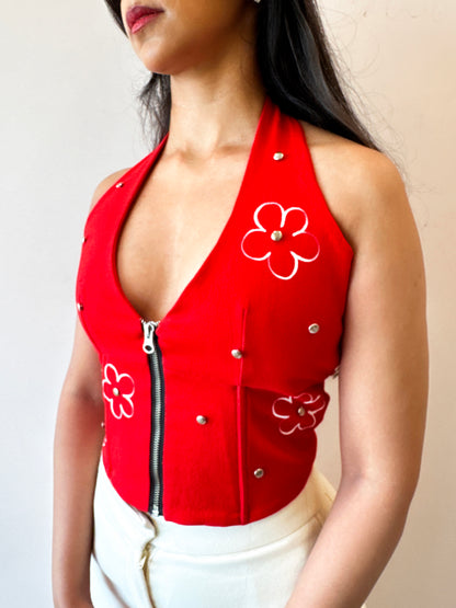 POLKA PLUNGE HALTER TOP IN RED