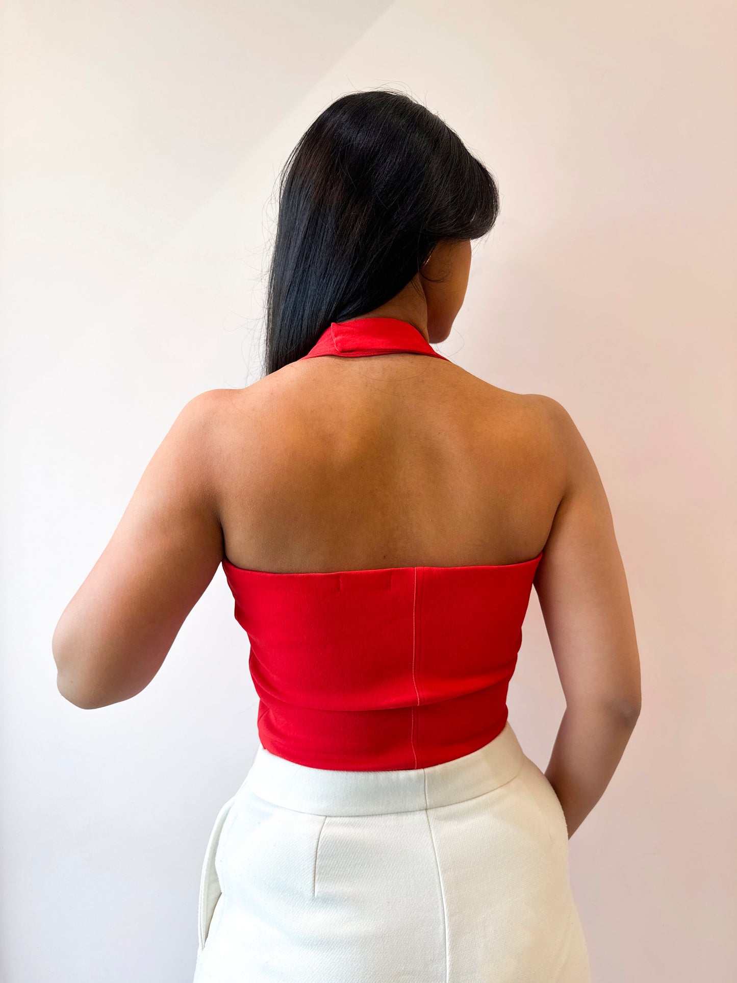 POLKA PLUNGE HALTER TOP IN RED
